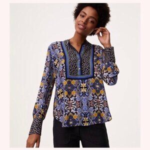 Loft Petites Blue & Yellow Floral Geometric Popover Blouse SP 100% Polyester Lon